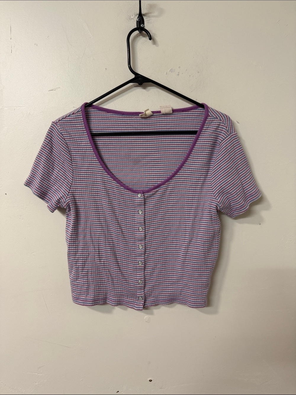 Levi's Lavender & White Striped Short Sleeve Button Crop Top